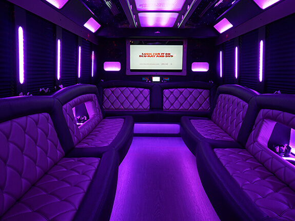 Purple lights inside Columbus party bus