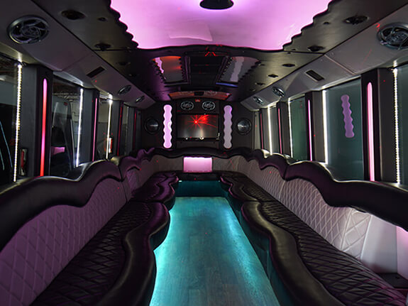 Limo-style seating on party bus rental Sandusky