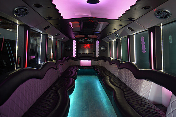 inside a great limo bus with led lights and leather seats