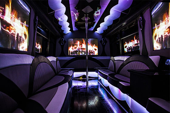 inside a great limo bus with led lights and leather seats