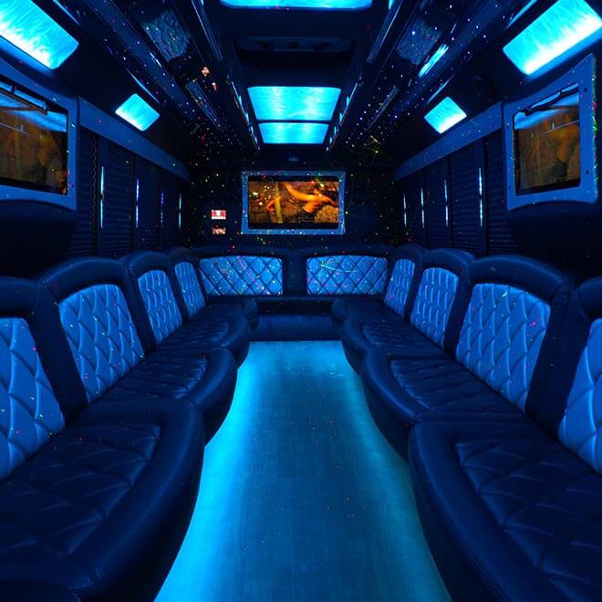Limo bus with refined furnishings and HDTVs
